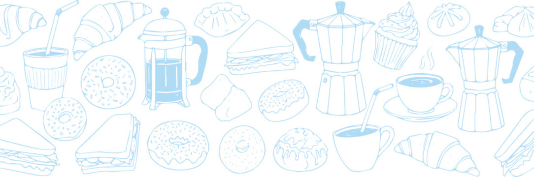 Seamless pattern of hand-drawn breakfast food and coffee items, including croissants, donuts, sandwiches, and french press coffee, in blue outline.