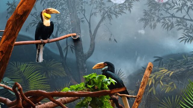 Two hornbill birds perched on branches against jungle mural background. Tropical hornbills sitting on wooden perches in enclosure with painted forest backdrop and green leaves.