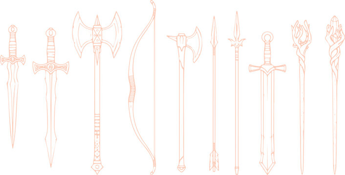 Set of stylized medieval fantasy weapons including swords, axes, bow and arrow, and spears, in a light orange outline.