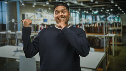 Hispanic man points thumb over shoulder and finger to lips while standing amid bookshelves in library  playful confidence. © Krakenimages.com