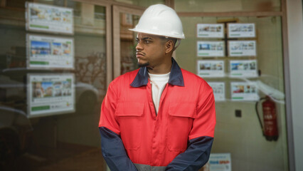 Man with beard in white hard hat and red coverall looks left at storefront in building; quiet...
