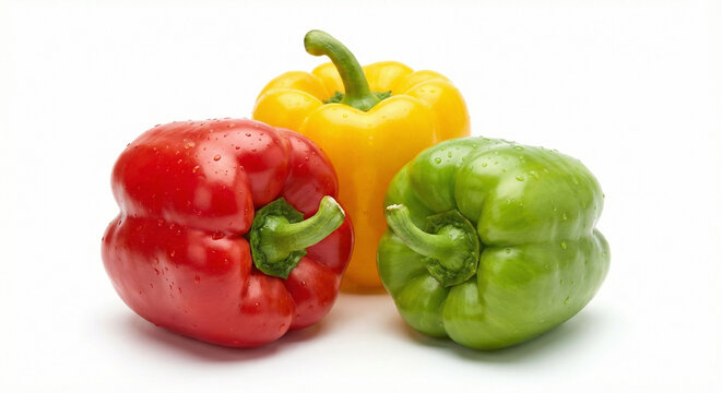 A vibrant trio of fresh red, yellow, and green bell peppers covered in water droplets, isolated on a clean white background, showcasing bright colors and crisp texture.