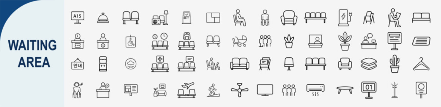 waiting area seating furniture icons, flat minimal vector set