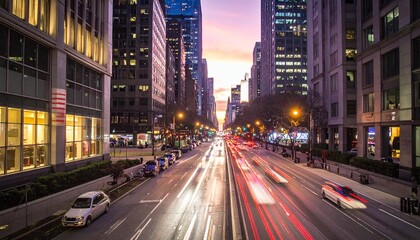Naklejka premium 高層ビルに囲まれたダウンタウンのタイムラプス風景