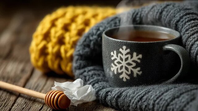Natural ways to reduce flu duration. Steaming tea in ceramic mug with lemon slice beside knitted wool scarves on rustic wooden table evoking warmth and cozy autumn comfort