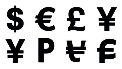 Obraz premium Currency symbols vector illustration including dollar, euro, pound, yen, rupee, won, and franc