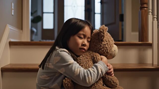 In a cozy home filled with warmth and comfort, a young child hugs her teddy bear tightly, expressing deep affection and pure joy. The soft glow of afternoon light enhances this tender scene.