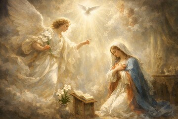 Naklejka premium Angel Gabriel appearing to Virgin Mary in heavenly light