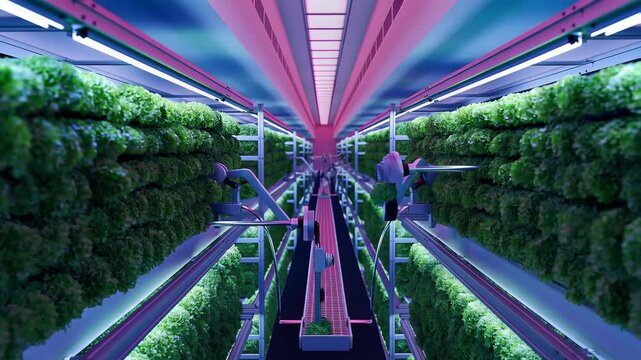 Indoor vertical lettuce farm with tall shelves of dense green plants under pink LED grow lights, showcasing modern hydroponic system and automated plant cultivation technology