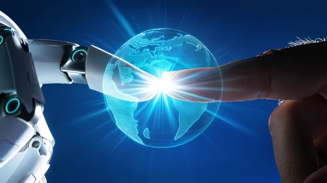 Robotic hand and human silhouette reach toward a glowing holographic globe on a deep blue background, signaling connection and future collaboration