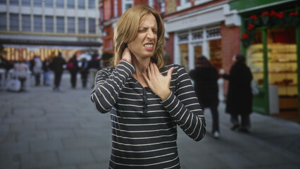 Fototapeta premium Woman clutching chest and pressing neck with hand in a busy urban shopping street by storefronts and crowds; pain urgency concern.