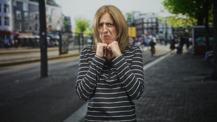 Fototapeta premium Woman with pursed lips and hands at chin, shoulders shrugged in a gagging grimace showing mild nausea on a city street near tram tracks and blurred pedestrians; discomfort.