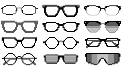Obraz premium Pixelated Eyewear Frame Variety Set Vector — Monochrome Pixel Art Glasses Collection Black White Clipart