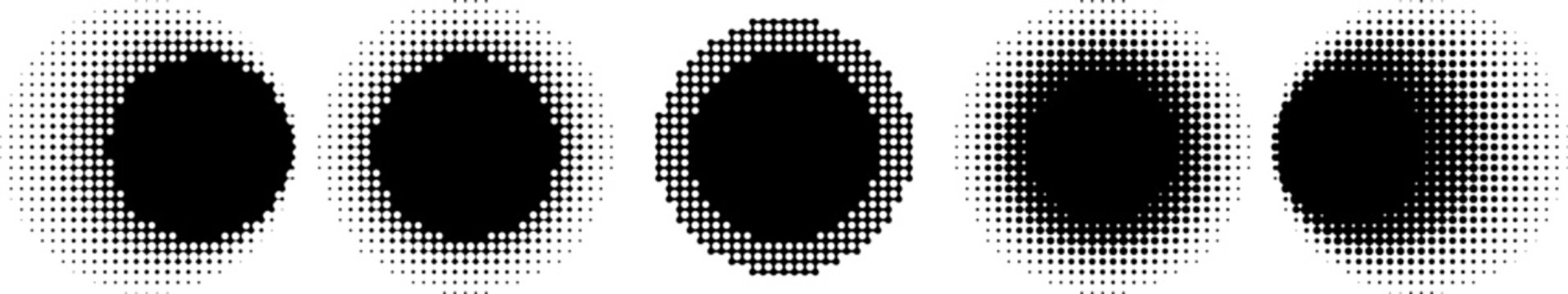 Halftone circle frames. Dotted round shapes, black and white polka dot border and circular grain texture set. Abstract halftone sphere, retro pop art dots and radial pointillism effects