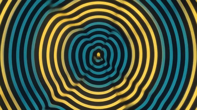 Pulsing concentric circles with blue and yellow waves, abstract background