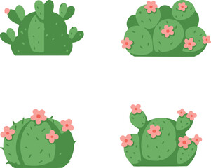 Fototapeta premium Four cartoon cacti with pink flowers on a white background