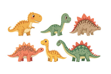 Vibrant collection of six adorable cartoon dinosaurs, including a friendly Tyrannosaurus Rex, Stegosaurus, and other prehistoric creatures, in a cheerful vector illustration © Griyolabs