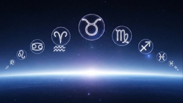 Glowing Zodiac astrological signs floating above Earth's horizon in a mystical starry night sky, representing horoscopes and destiny.