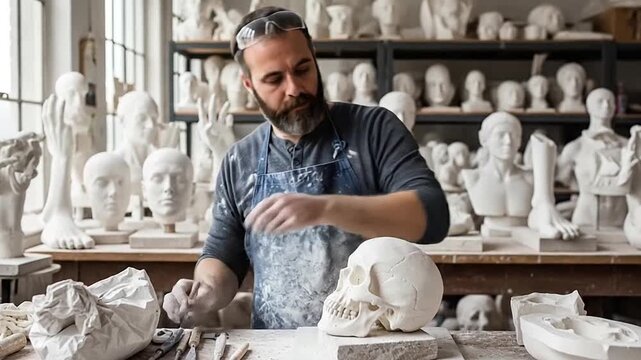 Focused male sculptor with a beard working diligently on a plaster bust in his art studio, surrounded by numerous finished and unfinished sculptures and tools, showing the creative process.