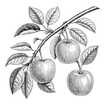 Hand drawn vintage style vector illustration of a green apple and floral branch design