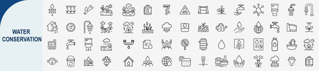 Fototapeta premium water conservation and eco friendly environment line icons set, vector design