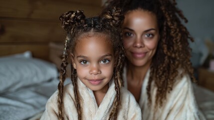 Fototapeta premium A tender moment captured between a mother and daughter as they share a warm embrace in plush robes, conveying love, comfort, and familial bonds in a cozy setting.
