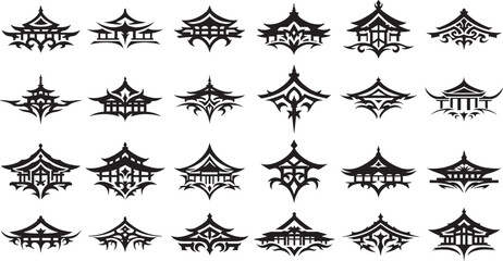 Traditional Asian Roof Silhouette Emblem Vector Icon Set
