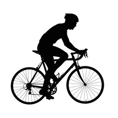 Naklejka premium Black silhouette illustration of a man or woman riding a mountain bike on a sport race, featuring a cyclist isolated on a white background with a focus on the wheel, frame, and pedal