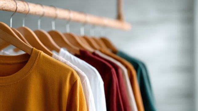 A vibrant display of colorful t-shirts hanging neatly on wooden hangers, showcasing popular styles in a visually appealing manner for fashion admirers and buyers.