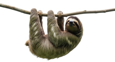 Fototapeta premium A gentle, furry three-toed sloth gracefully hanging upside down from a sturdy tree branch, capturing its serene and slow-paced existence in its natural habitat