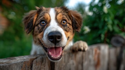 This delightful image features a cheerful dog peering over a rustic wooden fence, exuding happiness and playfulness, surrounded by a lush green backdrop.