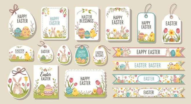 Assorted Easter-themed stickers and tags with floral patterns and eggs in a celebratory arrangement