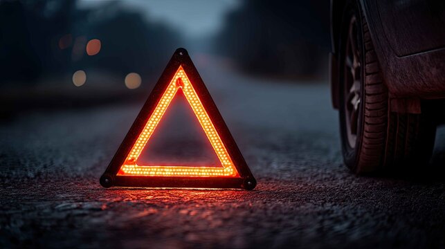 Red Warning Triangle on Dark Road Signaling Emergency Situation
