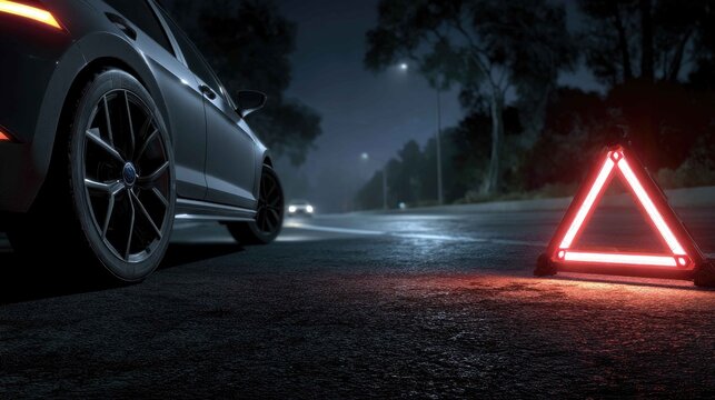 Nighttime Car Breakdown with Warning Triangle on Dark Road