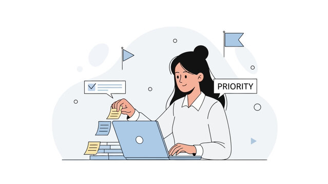 Woman organizing tasks and setting priorities with sticky notes and laptop