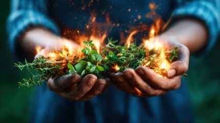 Fototapeta premium A captivating moment as hands hold herbs engulfed in flames, representing the power and intensity of nature's elements, with vibrant colors and motion creating dynamic visuals.