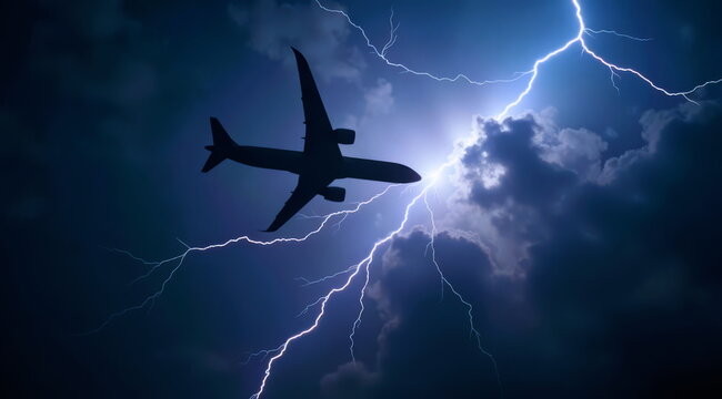 A view from below of a passing plane against a background of thunderclouds and lightning