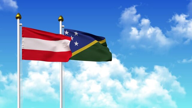 Waving flags of AUSTRIA and SOLOMON ISLANDS on pole included with alpha