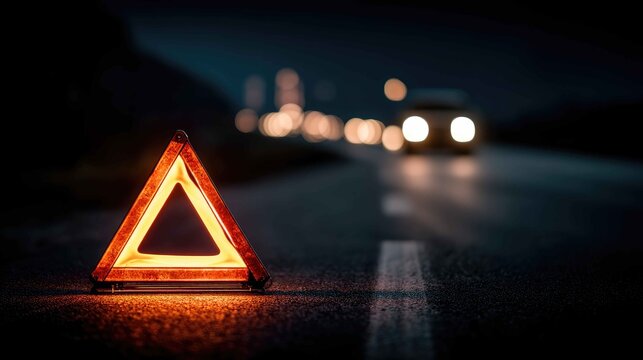 Warning Triangle at Night on Empty Road with Blurred Car Lights