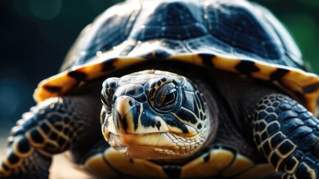 A close-up shot of a turtle sitting on a table, looking straight into the camera