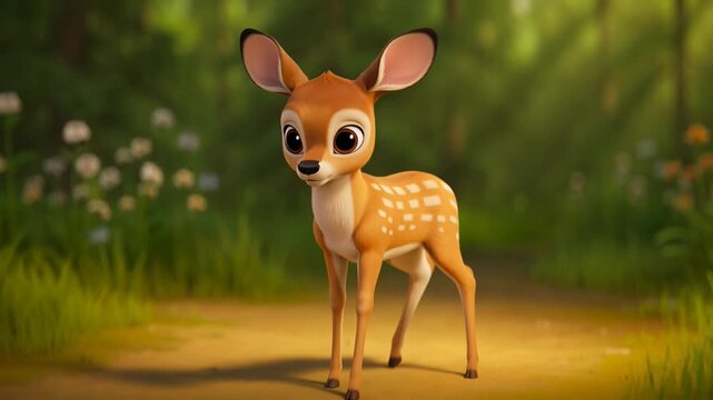 Animated fawn standing in a forest glade charming and innocent character design for childrens media and nature illustration