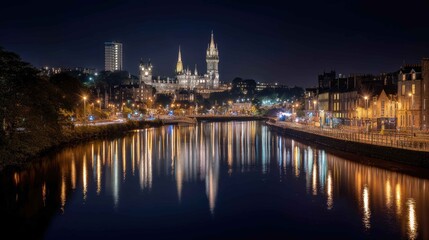 Obraz premium Stunning Night View of River and Castle Illuminated by City Lights