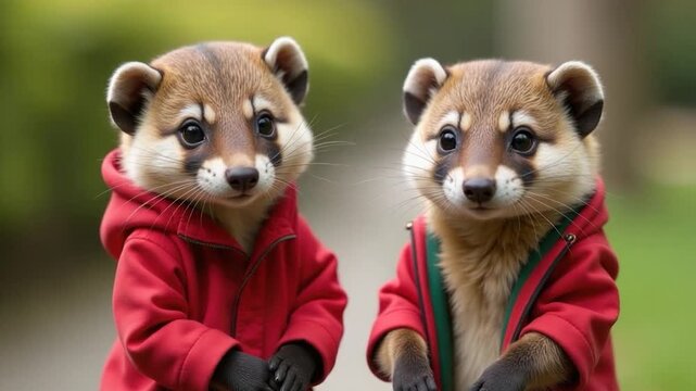 Two small animals sitting side by side, possibly friends or family members