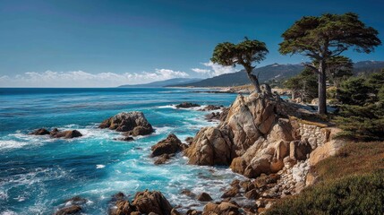 Obraz premium Serene Coastal Landscape with Rocky Shore and Tranquil Blue Waters