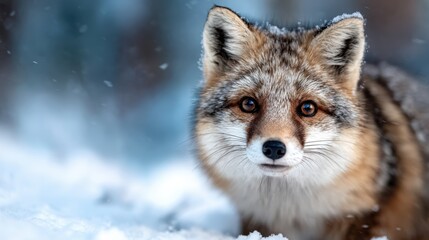 Fototapeta premium A beautiful fox gracefully navigates a snowy landscape, showcasing its striking fur and captivating gaze, evoking feelings of wonder and nature's serenity in winter.