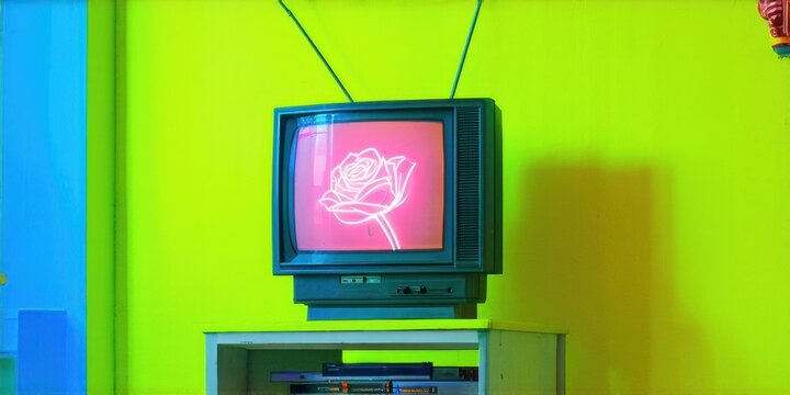Vintage television displays rose outline. Bright neon colors dominate room, creating dramatic lighting effect. Minimalist setup.