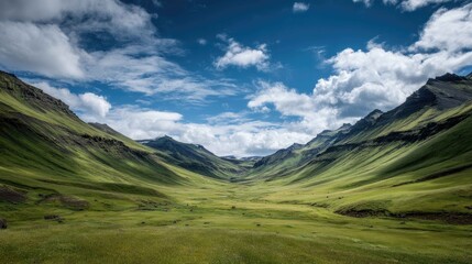 Fototapeta premium Majestic Green Valley Surrounded by Mountains Under a Blue Sky