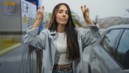 Young woman at gas pump shrugs shoulders beside parked car on street, wearing white crop top and denim jeans  nonchalance. © Krakenimages.com