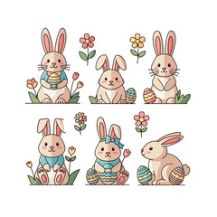Fototapeta premium Six adorable cartoon Easter bunnies with colorful eggs and spring flowers, perfect for holiday celebrations and seasonal designs.