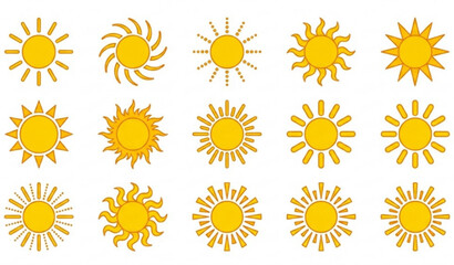 Set of 12 Yellow Sun Icons Flat Style with Different Ray Patterns for Weather and Summer Design